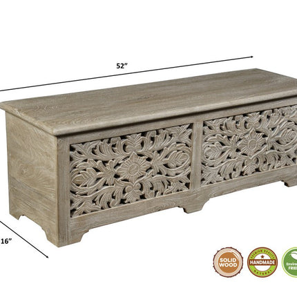 52" Gray Distressed Solid Wood Carved Floral Storage Ottoman