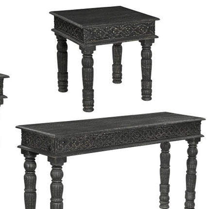 Set Of Three Black Solid Wood Distressed Coffee Table