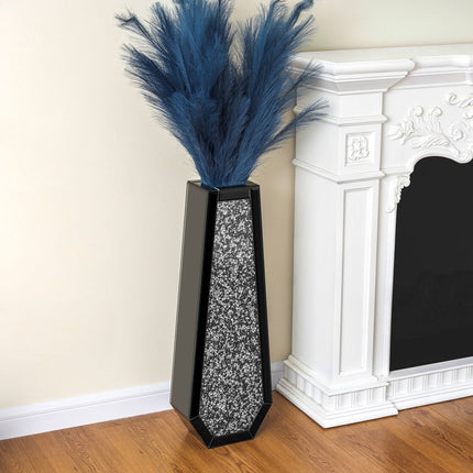 30" Black Mirrored Glass Floor Vase With Faux Crystals