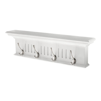 28" White Solid Wood Four Hook Wall Mount Coat Rack