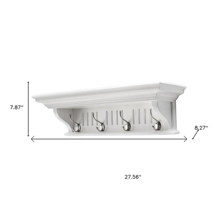 28" White Solid Wood Four Hook Wall Mount Coat Rack