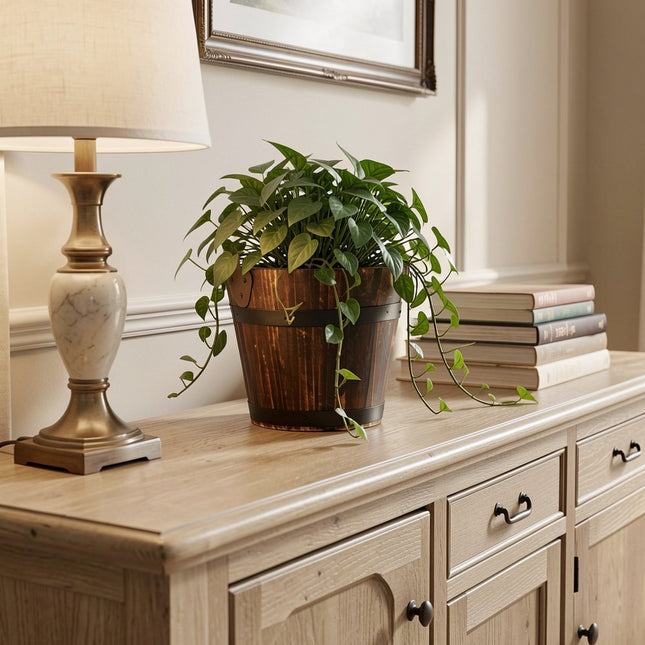 Brown Wood 100 Ounce Round Distressed Bucket Planter