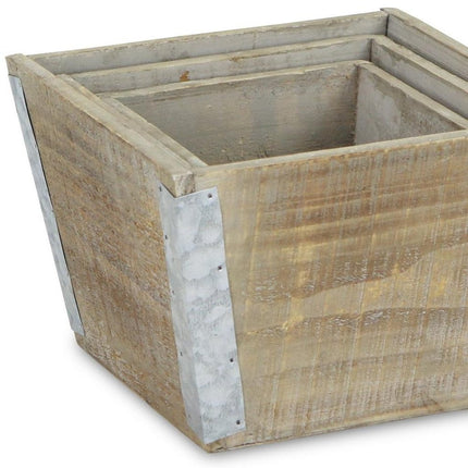 Set of Three Natural And Silver Metal And Wood 217 Ounce Square Distressed Planter Boxes