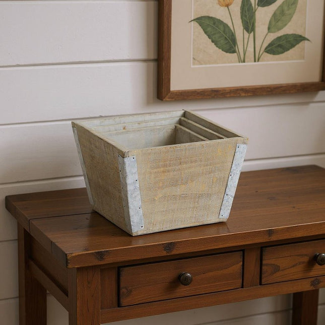Set of Three Natural And Silver Metal And Wood 217 Ounce Square Distressed Planter Boxes