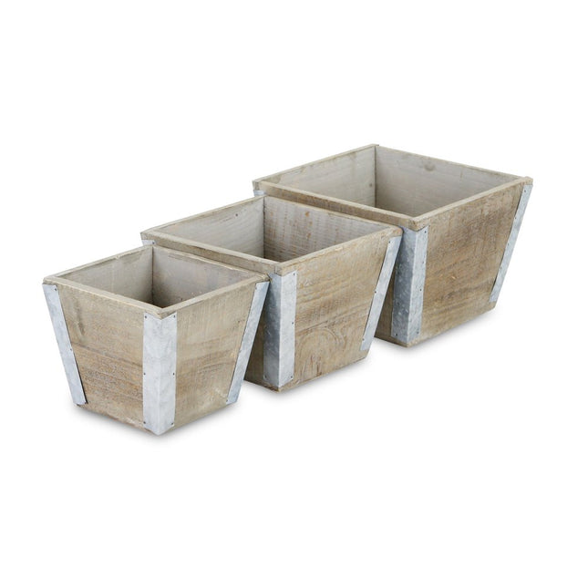 Set of Three Natural And Silver Metal And Wood 217 Ounce Square Distressed Planter Boxes