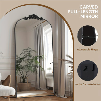 71"x28" Freestanding Arched Mirror with Carved Metal Frame & Bottom - No Assembly Required