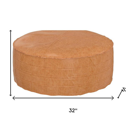 32" Camel Faux Leather Round Cocktail Ottoman