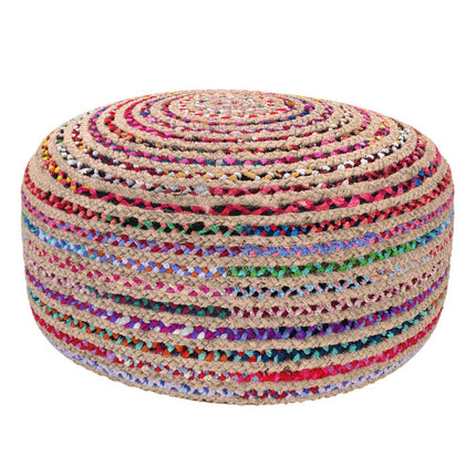 30" Blue Green Purple and Red Jute Striped Round Pouf Ottoman