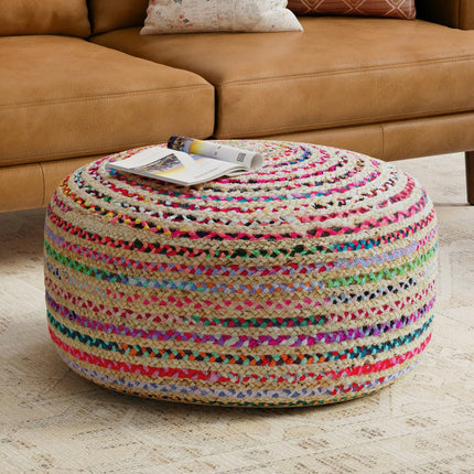 30" Blue Green Purple and Red Jute Striped Round Pouf Ottoman
