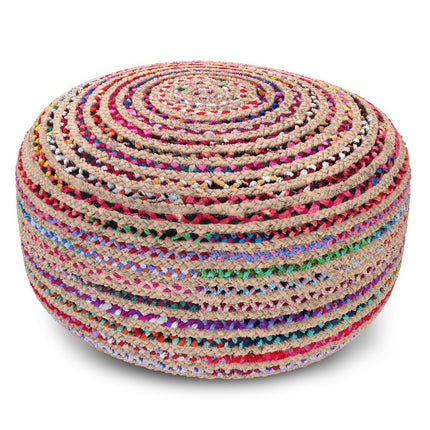 30" Blue Green Purple and Red Jute Striped Round Pouf Ottoman