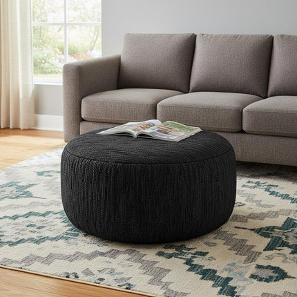 30" Black Leather Round Pouf Ottoman