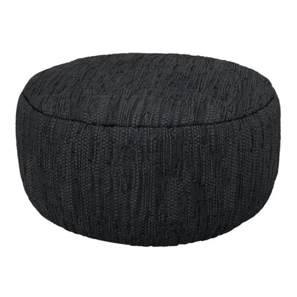 30" Black Leather Round Pouf Ottoman