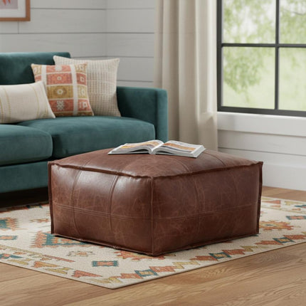26" Brown Leather Pouf Ottoman