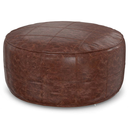 34" Brown Leather Round Pouf Ottoman