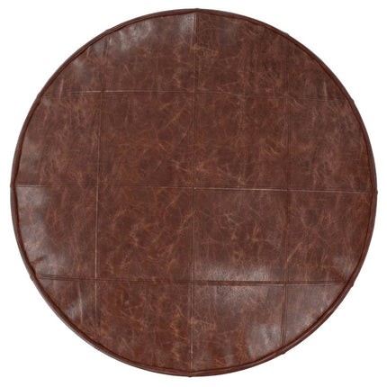 34" Brown Leather Round Pouf Ottoman