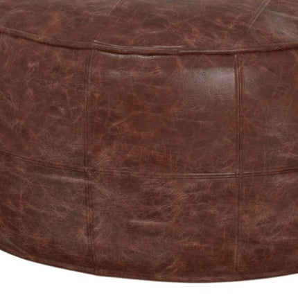 34" Brown Leather Round Pouf Ottoman