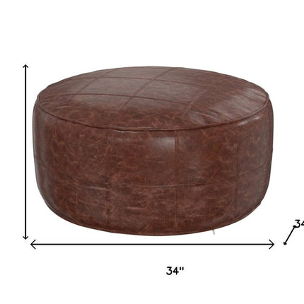 34" Brown Leather Round Pouf Ottoman