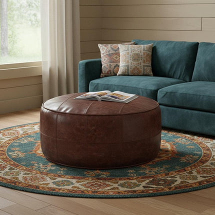 34" Brown Leather Round Pouf Ottoman