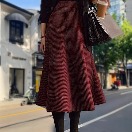 Women's New Houndstooth Checkered Midi Skirt, High-End Autumn Winter Tweed A-Line Umbrella Skirt