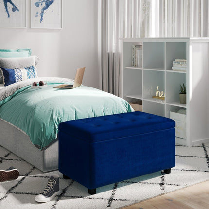 34" Dark Brown and Blue Upholstery Storage Ottoman