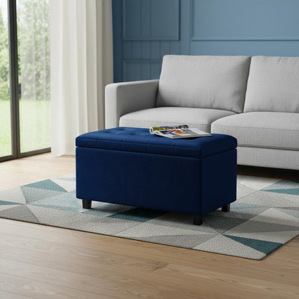 34" Dark Brown and Blue Upholstery Storage Ottoman