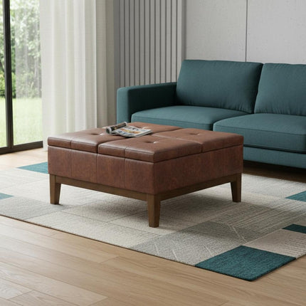 36" Walnut and Brown Upholstery Storage Ottoman