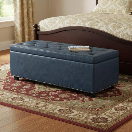 48" Dark Brown and Denim Blue Upholstery Storage Ottoman