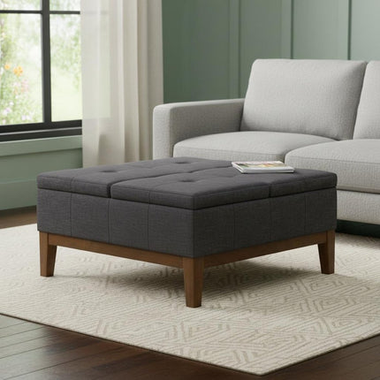 36" Walnut and Slate Gray Upholstery Storage Ottoman