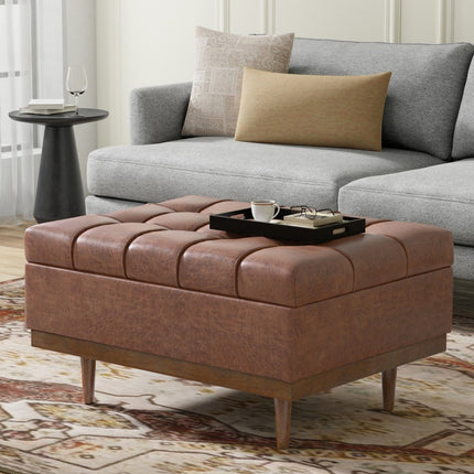 34" Walnut and Brown Upholstery Storage Ottoman