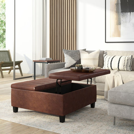 36" Brown and Espresso Leather Cocktail Ottoman With Storage
