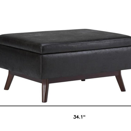 34" Black and Brown Leather Cocktail Ottoman With Storage