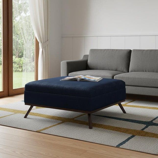 36" Blue and Brown Leather Cocktail Ottoman With Storage