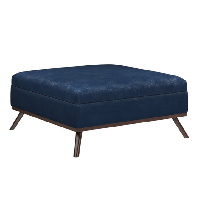 36" Blue and Brown Leather Cocktail Ottoman With Storage