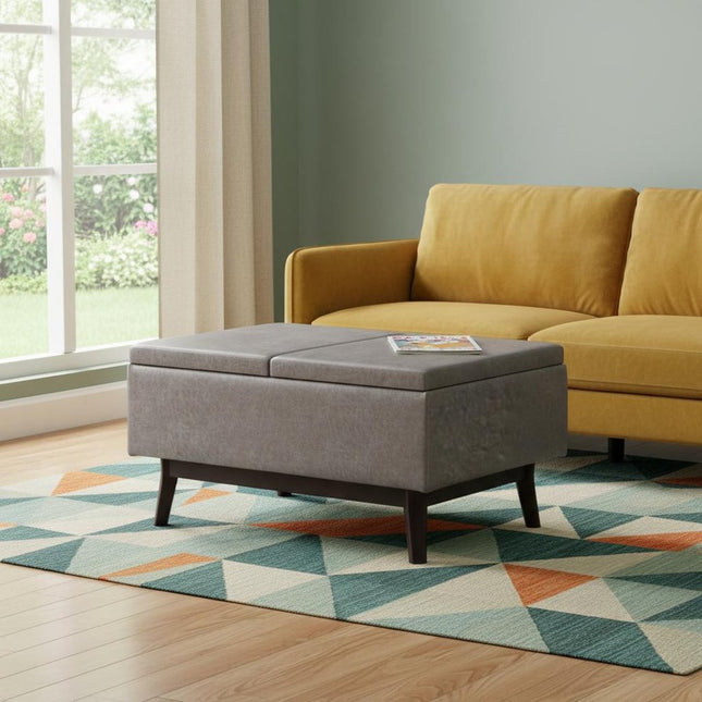 34" Gray and Dark Brown Leather Cocktail Ottoman With Storage