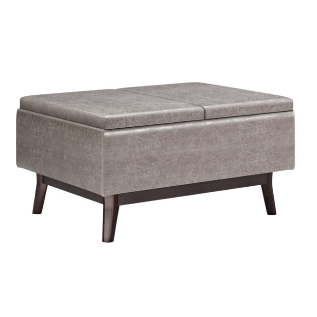 34" Gray and Dark Brown Leather Cocktail Ottoman With Storage