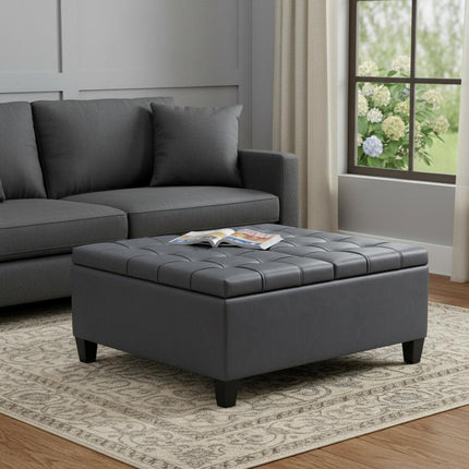 36" Gray and Espresso Leather Cocktail Ottoman With Storage