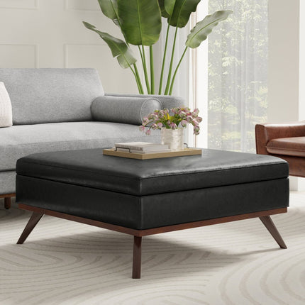 40" Black and Brown Leather Cocktail Ottoman With Storage