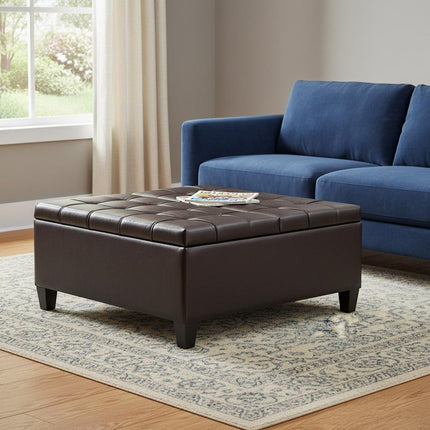 36" Brown and Espresso Leather Cocktail Ottoman With Storage