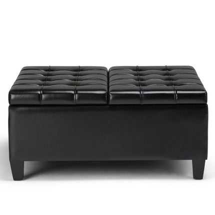 36" Black and Espresso Leather Cocktail Ottoman With Storage