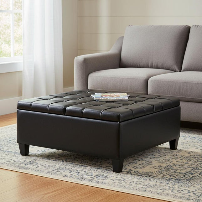 36" Black and Espresso Leather Cocktail Ottoman With Storage