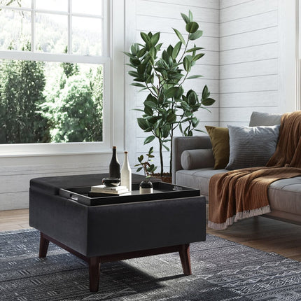34" Black and Dark Brown Leather Cocktail Ottoman With Storage