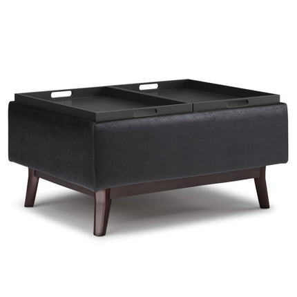 34" Black and Dark Brown Leather Cocktail Ottoman With Storage