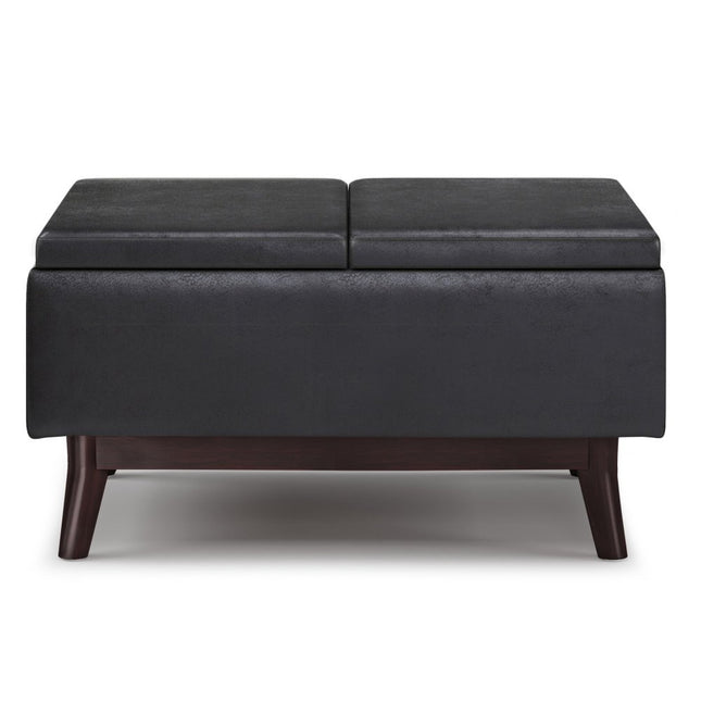 34" Black and Dark Brown Leather Cocktail Ottoman With Storage