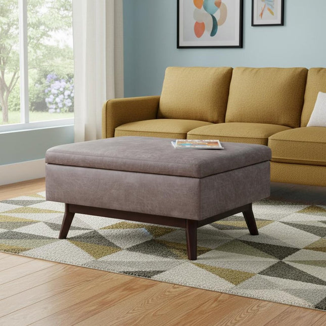 34" Gray and Brown Leather Cocktail Ottoman With Storage