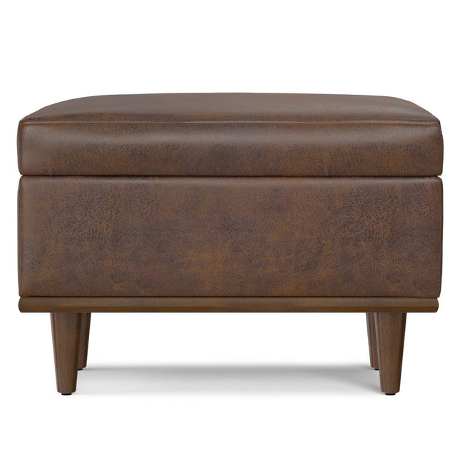 26" Brown and Walnut Leather Cocktail Ottoman With Storage