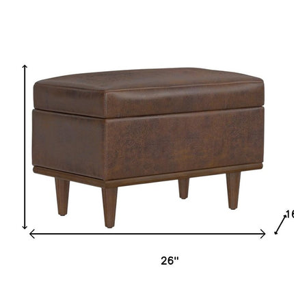 26" Brown and Walnut Leather Cocktail Ottoman With Storage