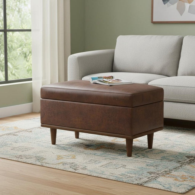 26" Brown and Walnut Leather Cocktail Ottoman With Storage