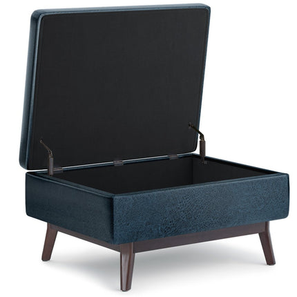 34" Blue and Brown Leather Cocktail Ottoman With Storage