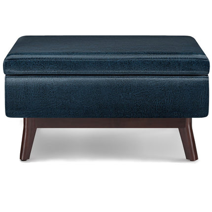 34" Blue and Brown Leather Cocktail Ottoman With Storage