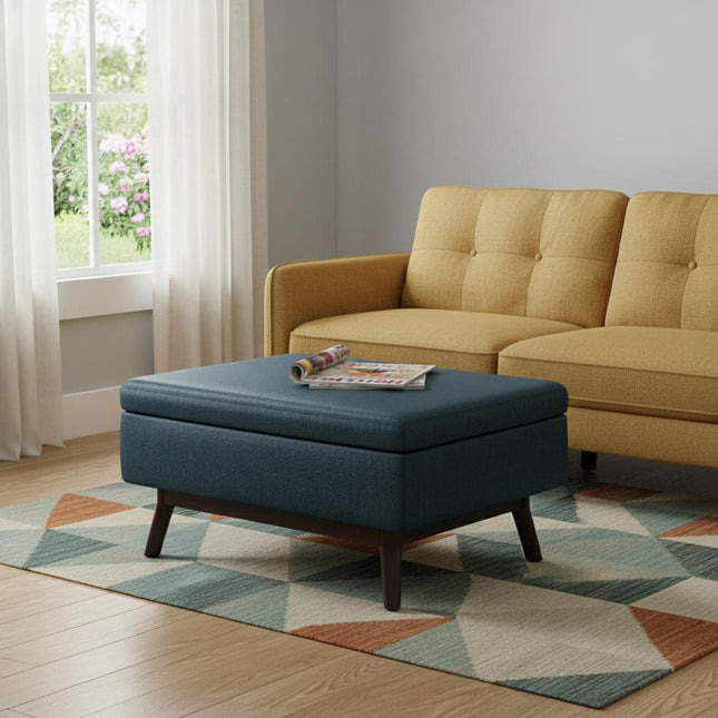 34" Blue and Brown Leather Cocktail Ottoman With Storage